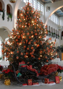 Ein festlich geschmückter Weihnachtsbaum ist der Mittelpunkt an Heiligabend.