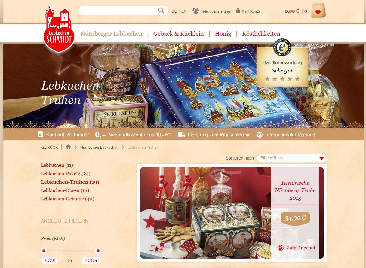 Auf der Website von Lebkuchen Schmidt finden Sie ein riesiges Angebot an Lebkuchen-Spezialitäten.
