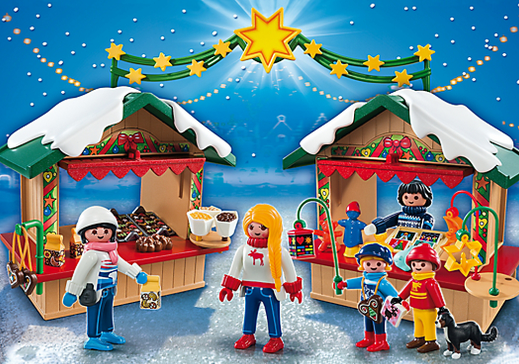 Der Playmobil Weihnachtsmarkt besteht aus zwei Buden und viel Zubehör.