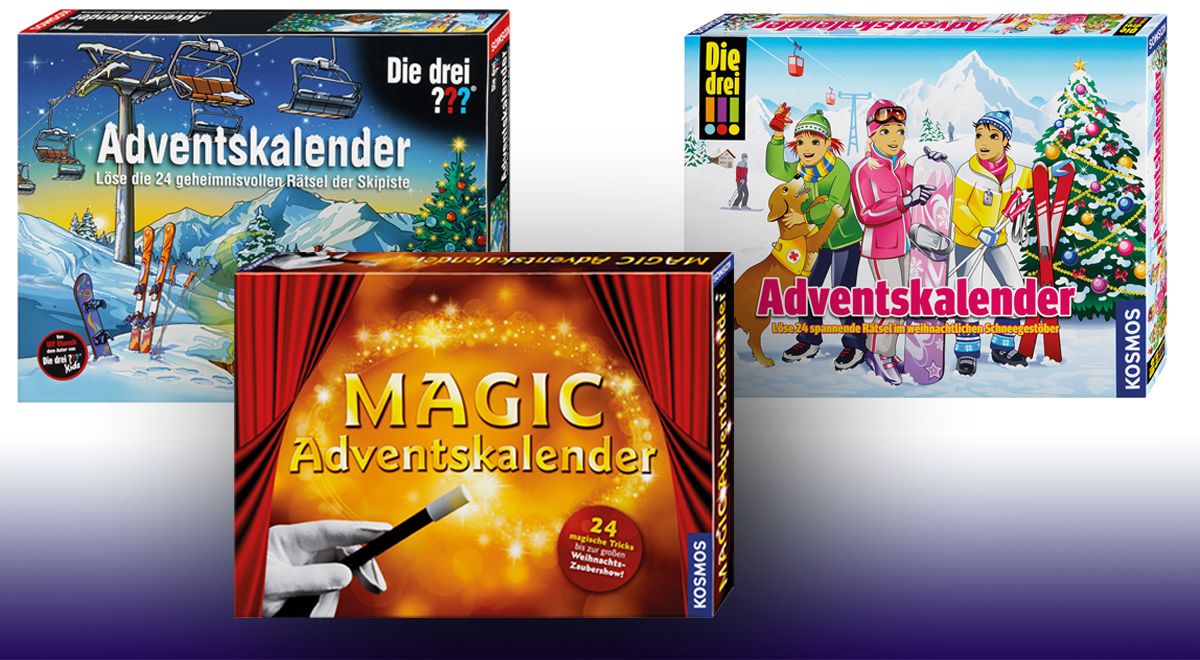 Die Kosmos Adventskalender 2016 mit Die drei ???, Die drei !!! und dem Magic-Zauberkasten.