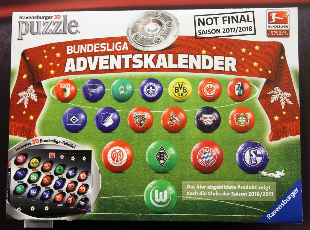Ab September 2017 auf dem Markt: der neue Bundesliga Adventskalender 2017 mit 3D-Puzzlebällen von Ravensburger