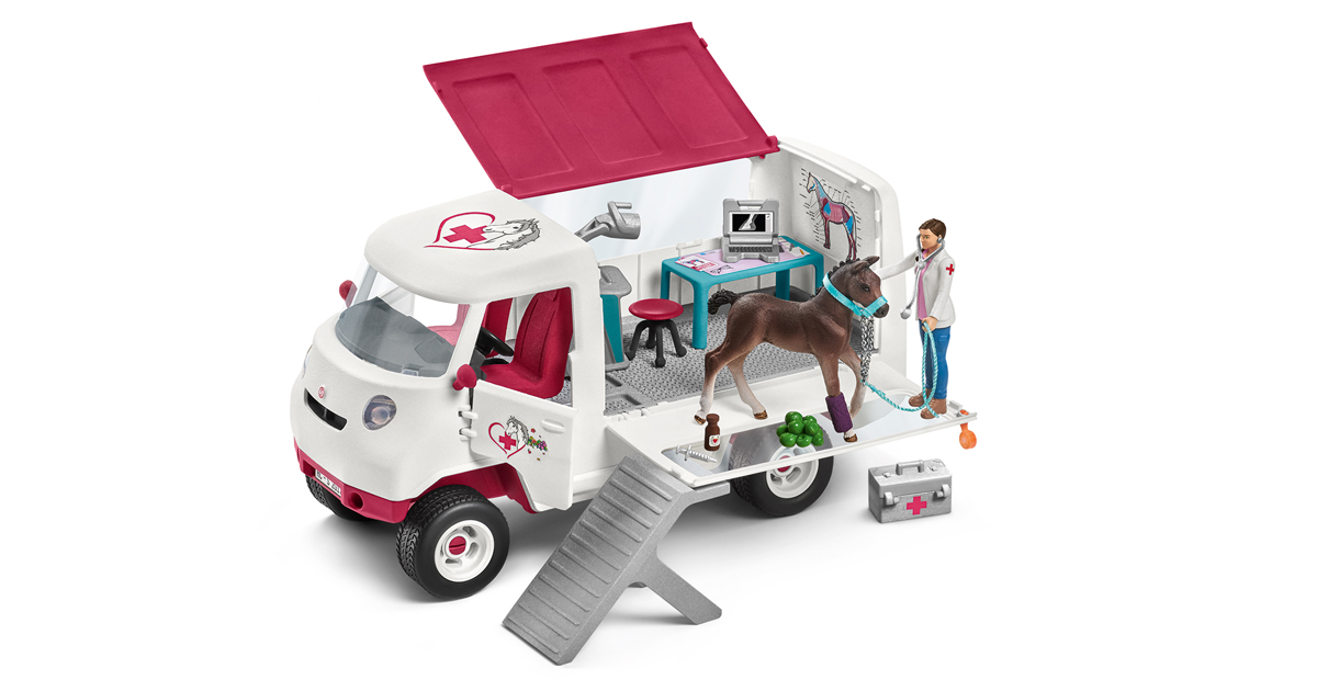 Die mobile Tierarztpraxis mit Tierärztin und Fohlen (Foto: Schleich)
